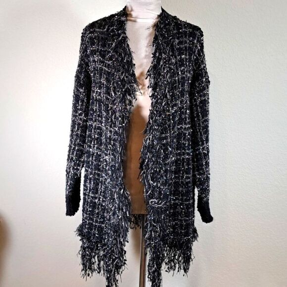Anthropologie Oliver.o NWT Cardigan Sweater Coatigan Large Black Metallic Fringe - Picture 1 of 11